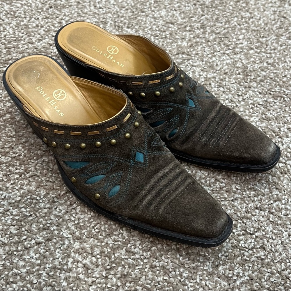 Cole Haan Morgan Studded Dark Brown Suede Western Cowboy Clog Mule US Women 7